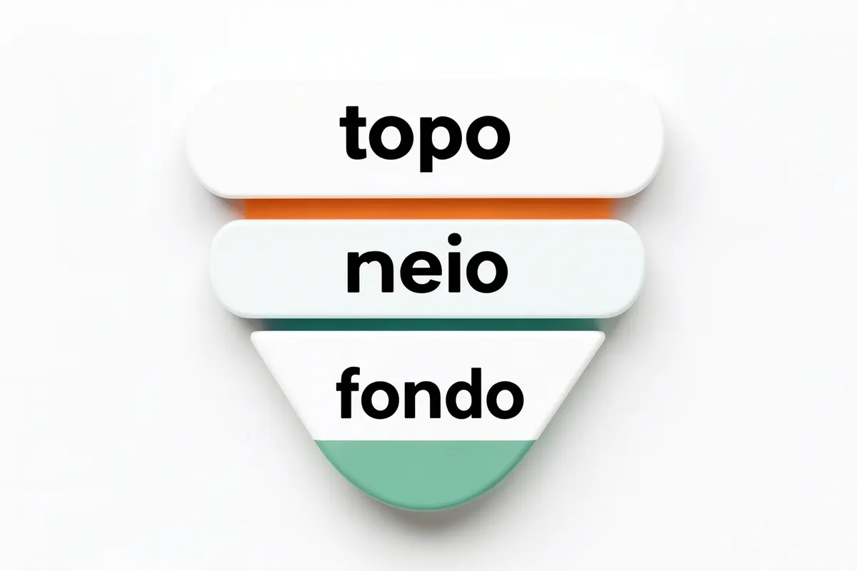 Um diagrama de funil de vendas com etapas rotuladas como 'topo', 'meio' e 'fundo' em um fundo branco.