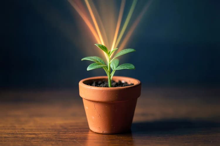 Uma planta crescendo em um vaso, com setas apontando para cima, simbolizando crescimento e estratégia.