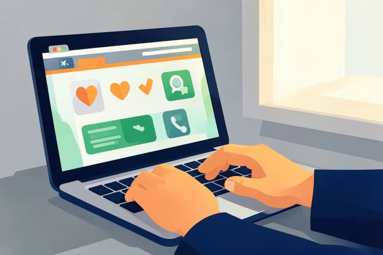 Um cliente em potencial interagindo com um site, com ícones de engajamento como 'like' e 'comentário'.