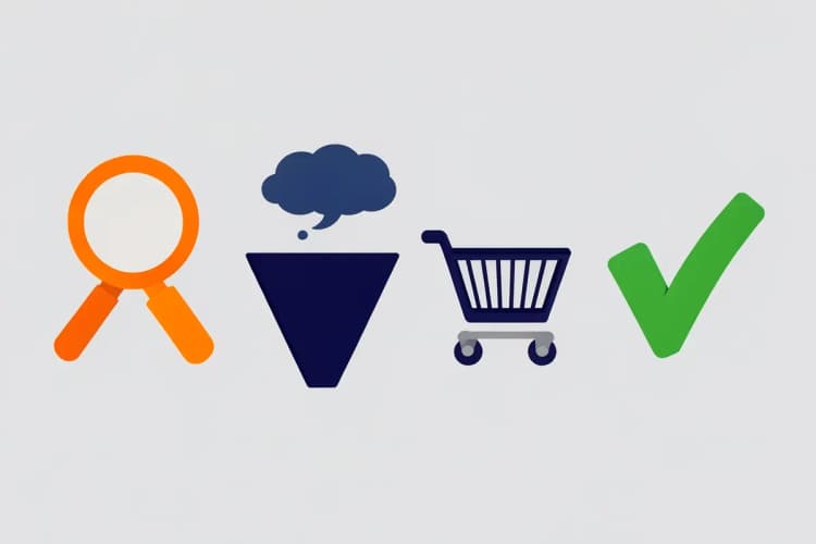 Representação visual das etapas do funil de vendas: atração, consideração, decisão e ação.