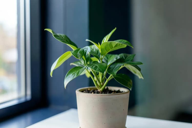 Uma planta de casa crescendo em um vaso de cerâmica, com folhas verdes vibrantes e um novo broto emergindo.