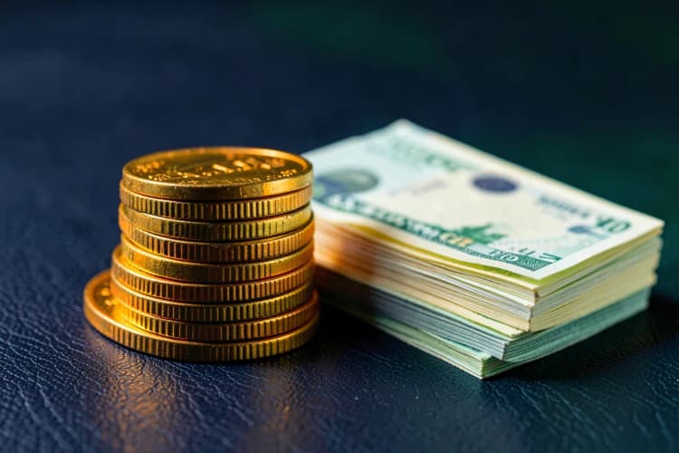 Uma pilha de moedas de ouro e notas de dinheiro dobradas, representando investimento e retorno financeiro.