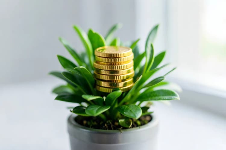 Um conjunto de moedas de ouro empilhadas em cima de uma planta crescendo, simbolizando investimento e retorno.