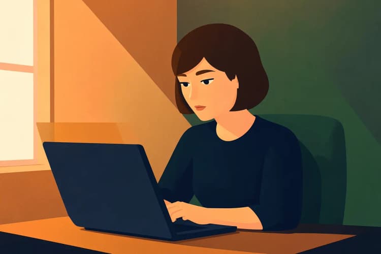 Pessoa jovem com expressão pensativa olhando para um notebook.