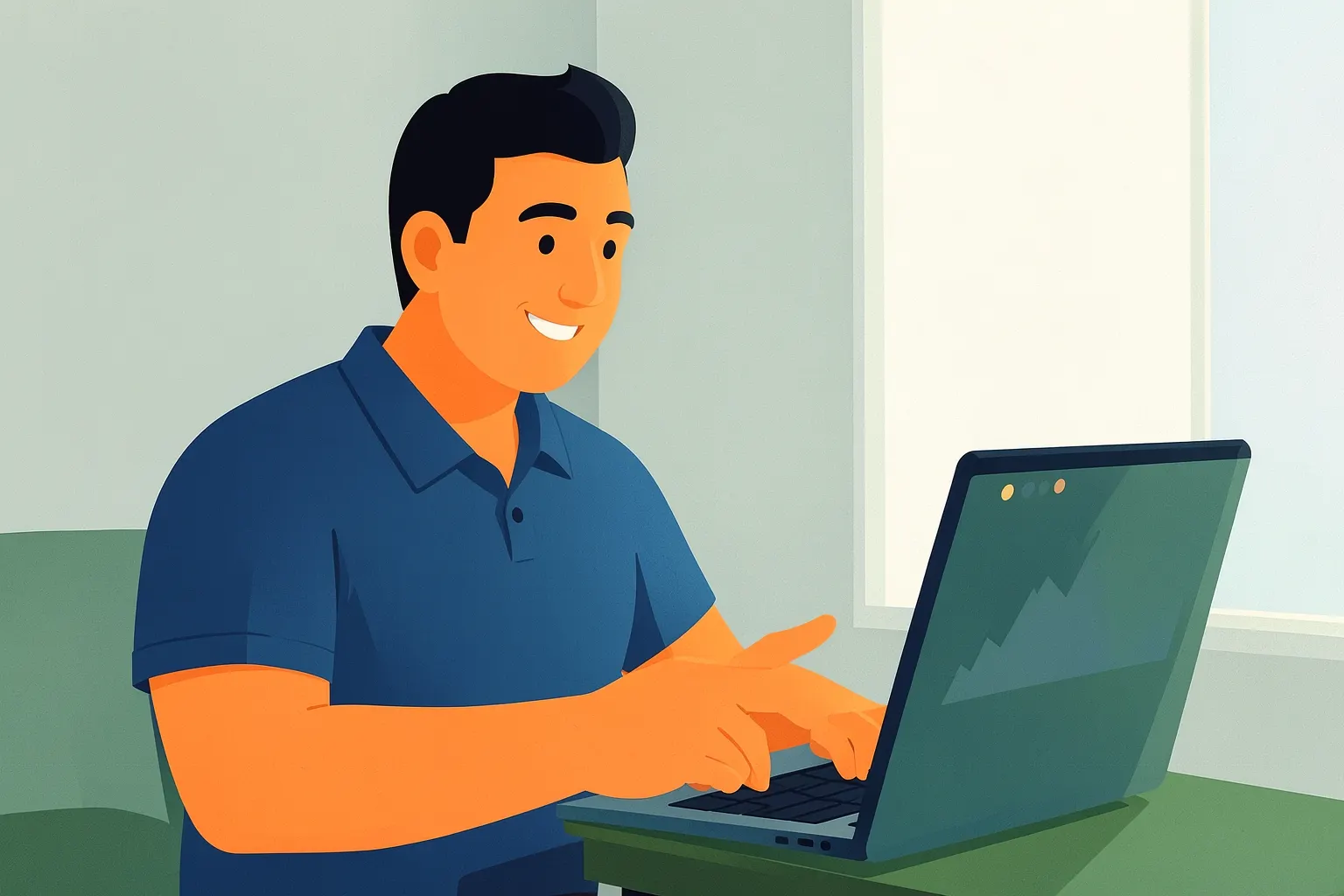 Homem sorrindo e apontando para a tela de um notebook com gráficos de crescimento.