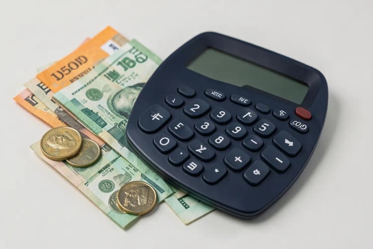 Uma calculadora ao lado de notas de dinheiro e moedas, simulando custos de publicidade, em fundo gradiente azul e roxo.