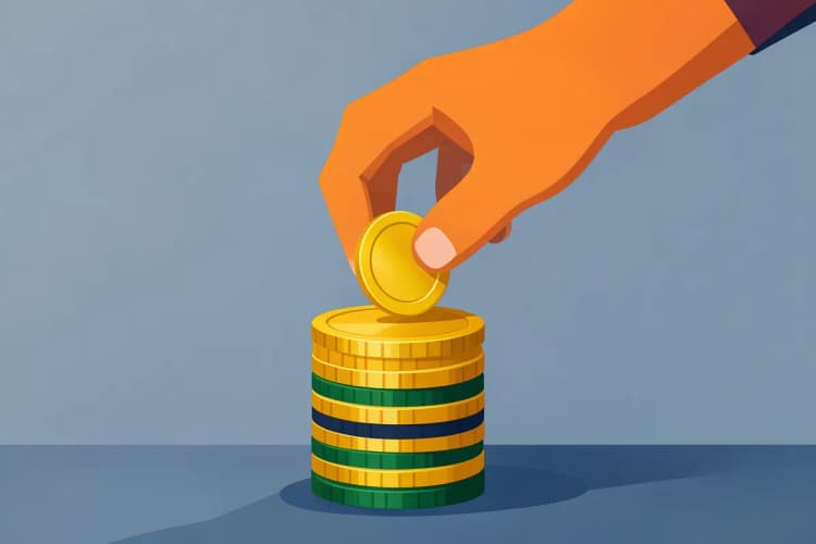 Uma mão colocando uma moeda de ouro em uma pilha crescente de moedas, com foco em primeiro plano.