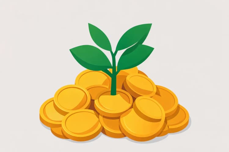 Uma planta crescendo a partir de um monte de moedas de ouro, com uma lupa focada nas folhas.