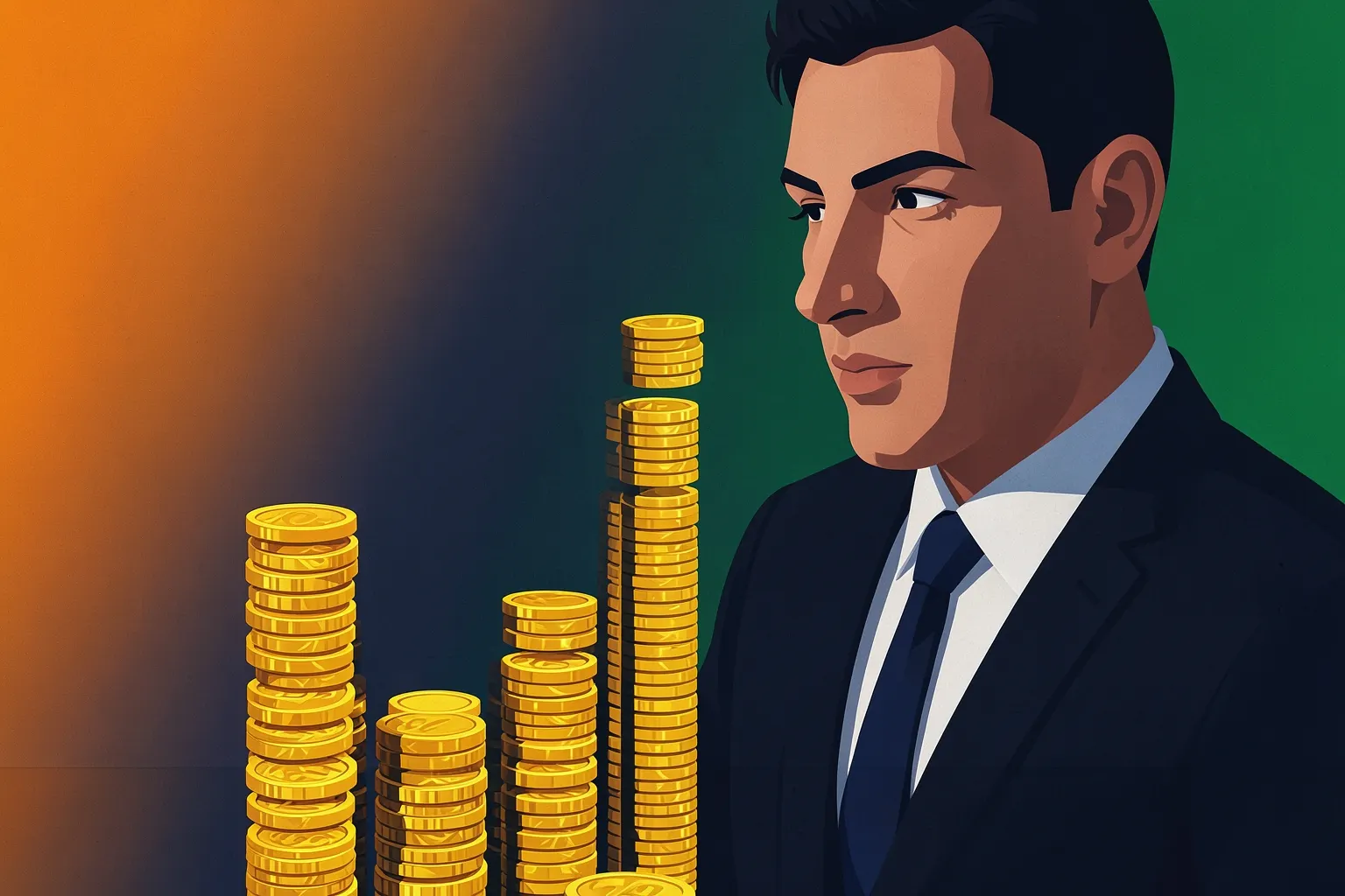 Um homem de terno olhando para um gráfico de barras ascendente feito de moedas de ouro, em um fundo escuro e desfocado.
